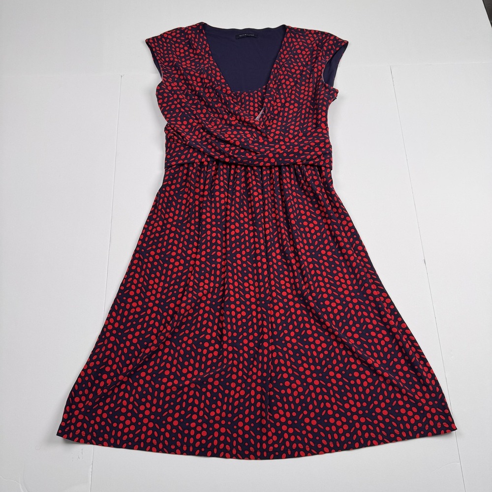 Tommy Hilfiger Dress Womens Medium Navy Red Dot Print Faux Wrap Knee Lined